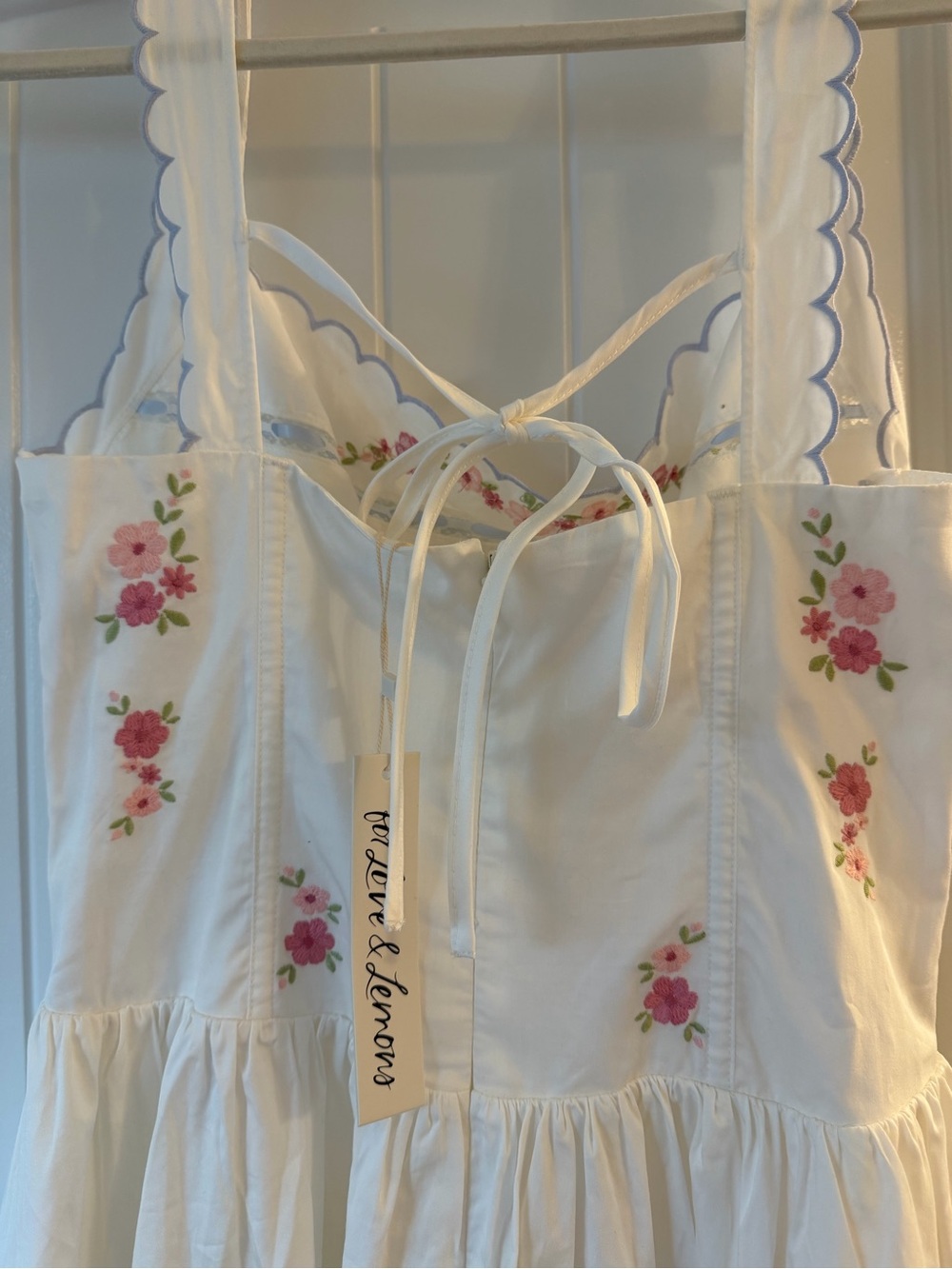 For Love & Lemons Tea Time White Midi Dress with Pink Floral Embroidery - Picture 11 of 15